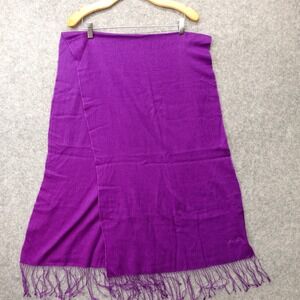 LANVIN Wool Scarf Womens Eggplant Purple Fringe Shawl Embroidered Logo 17x63